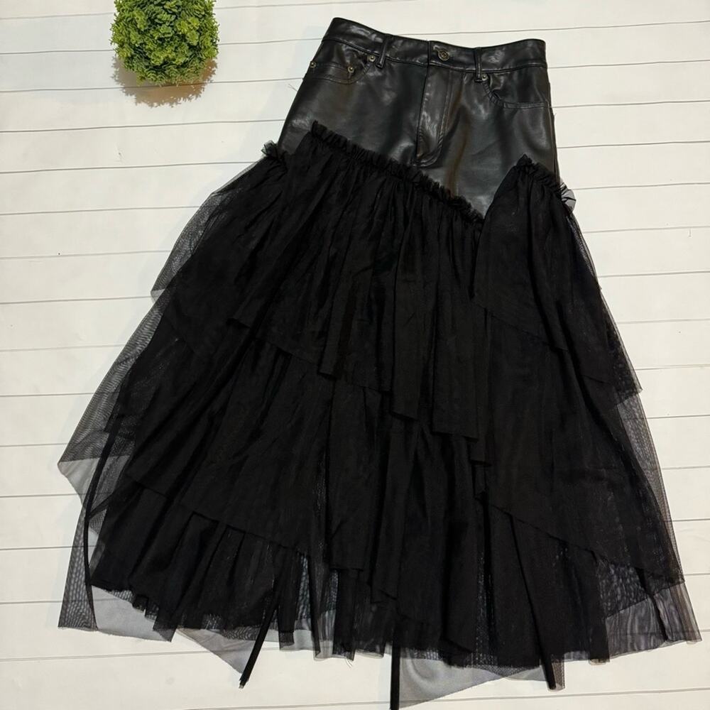 Free People Ragdoll Tutu Faux Leather Tulle Midi Skirt Whimsy Goth Wednesday 0